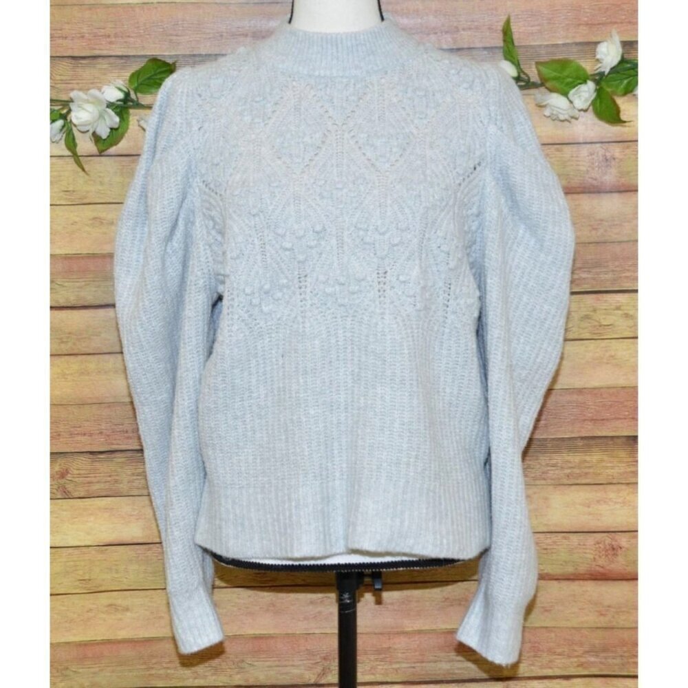 A New Day Ladies M Gray Puff Sleeves Crop Sweater Swiss Dot Pullover Crochet